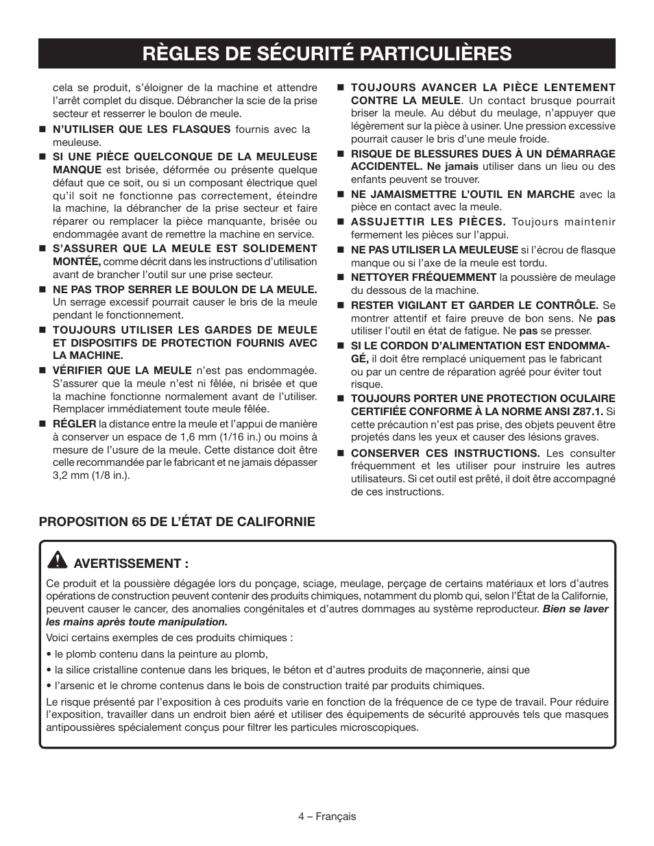 Règles de sécurité particulières | Ryobi BG828G User Manual | Page 13 / 36