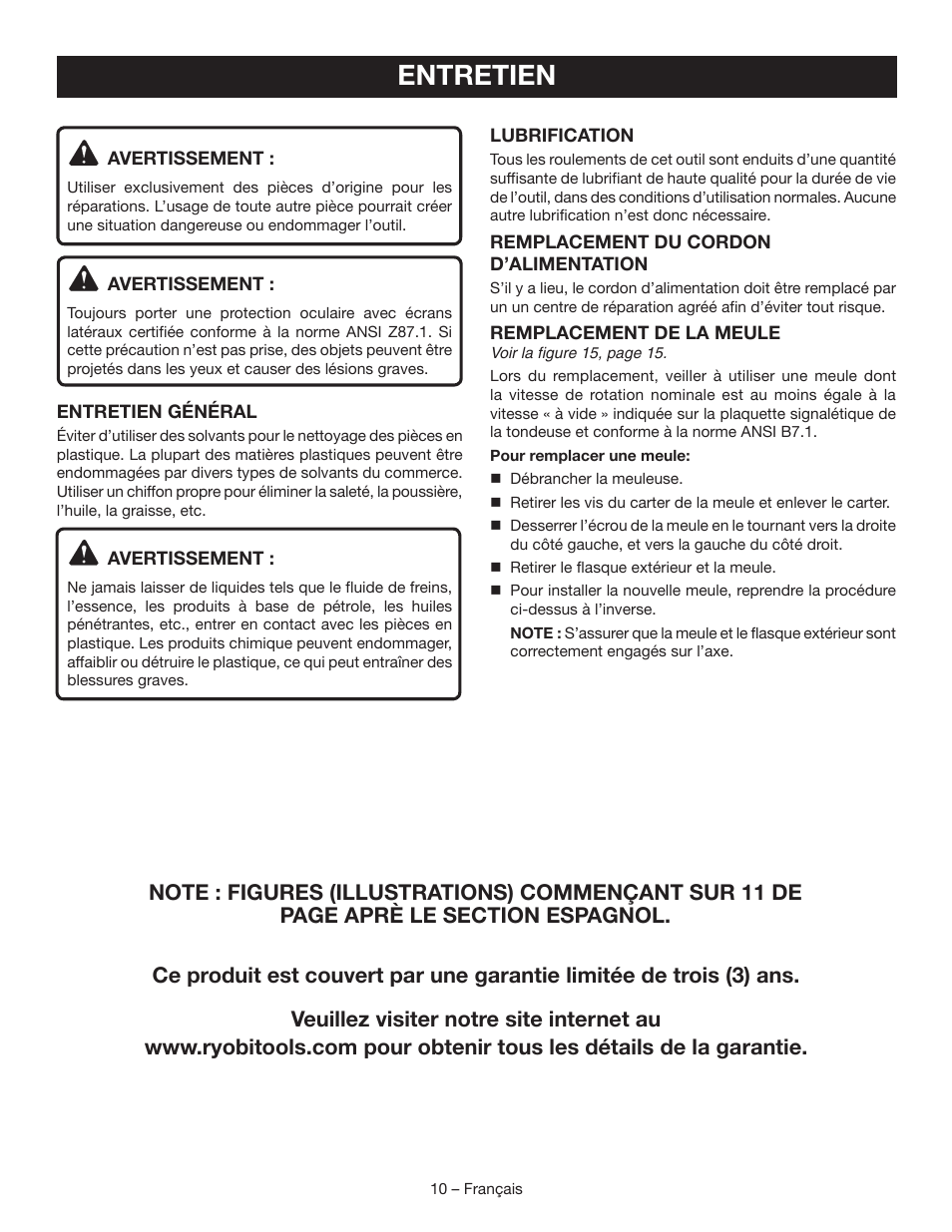 Entretien | Ryobi BG828G User Manual | Page 19 / 36