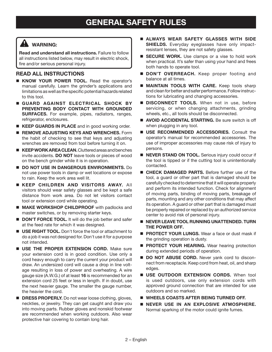 General safety rules | Ryobi BG828G User Manual | Page 2 / 36