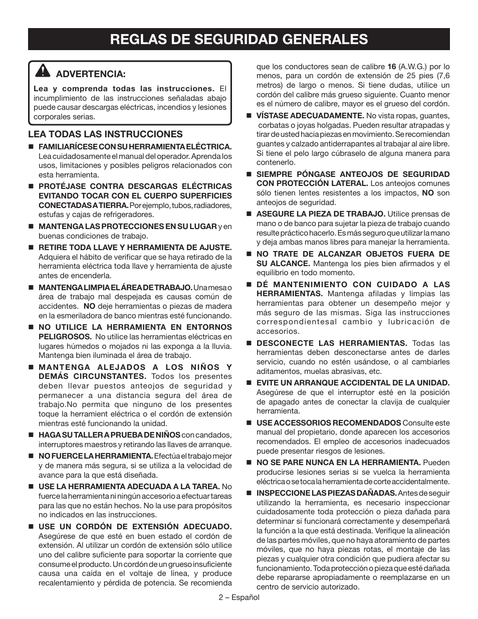 Reglas de seguridad generales | Ryobi BG828G User Manual | Page 20 / 36