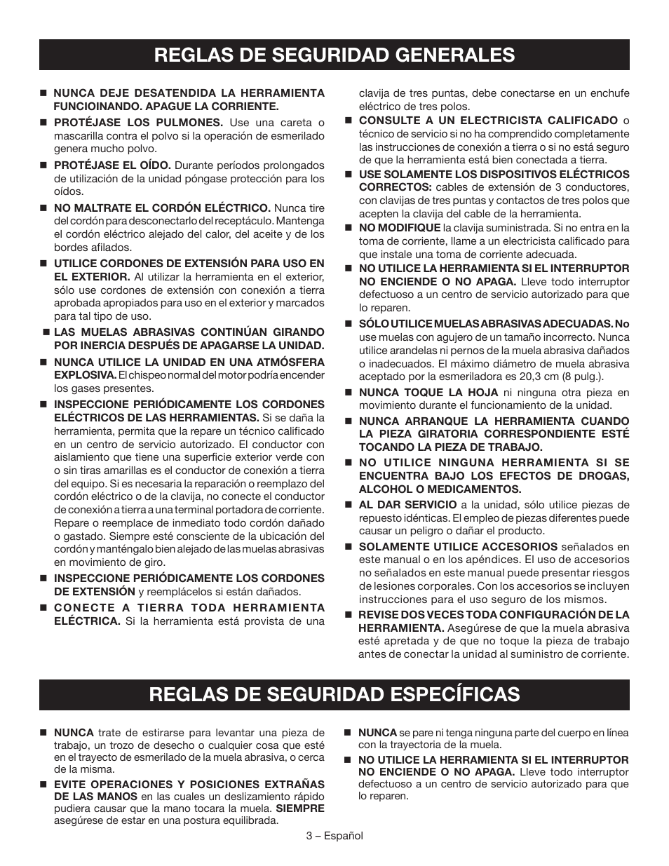 Reglas de seguridad generales, Reglas de seguridad específicas | Ryobi BG828G User Manual | Page 21 / 36