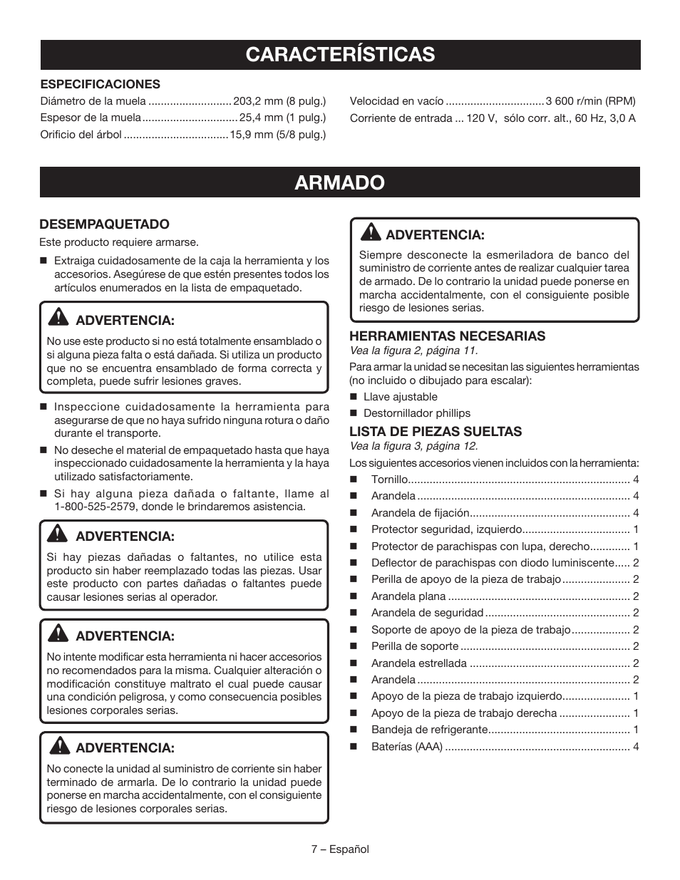 Características, Armado | Ryobi BG828G User Manual | Page 25 / 36