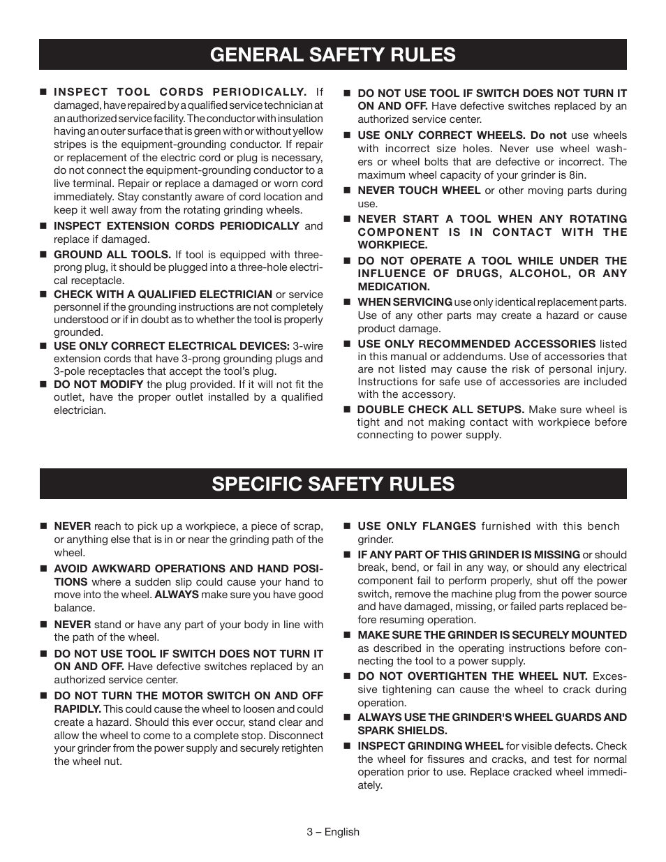 General safety rules, Specific safety rules | Ryobi BG828G User Manual | Page 3 / 36