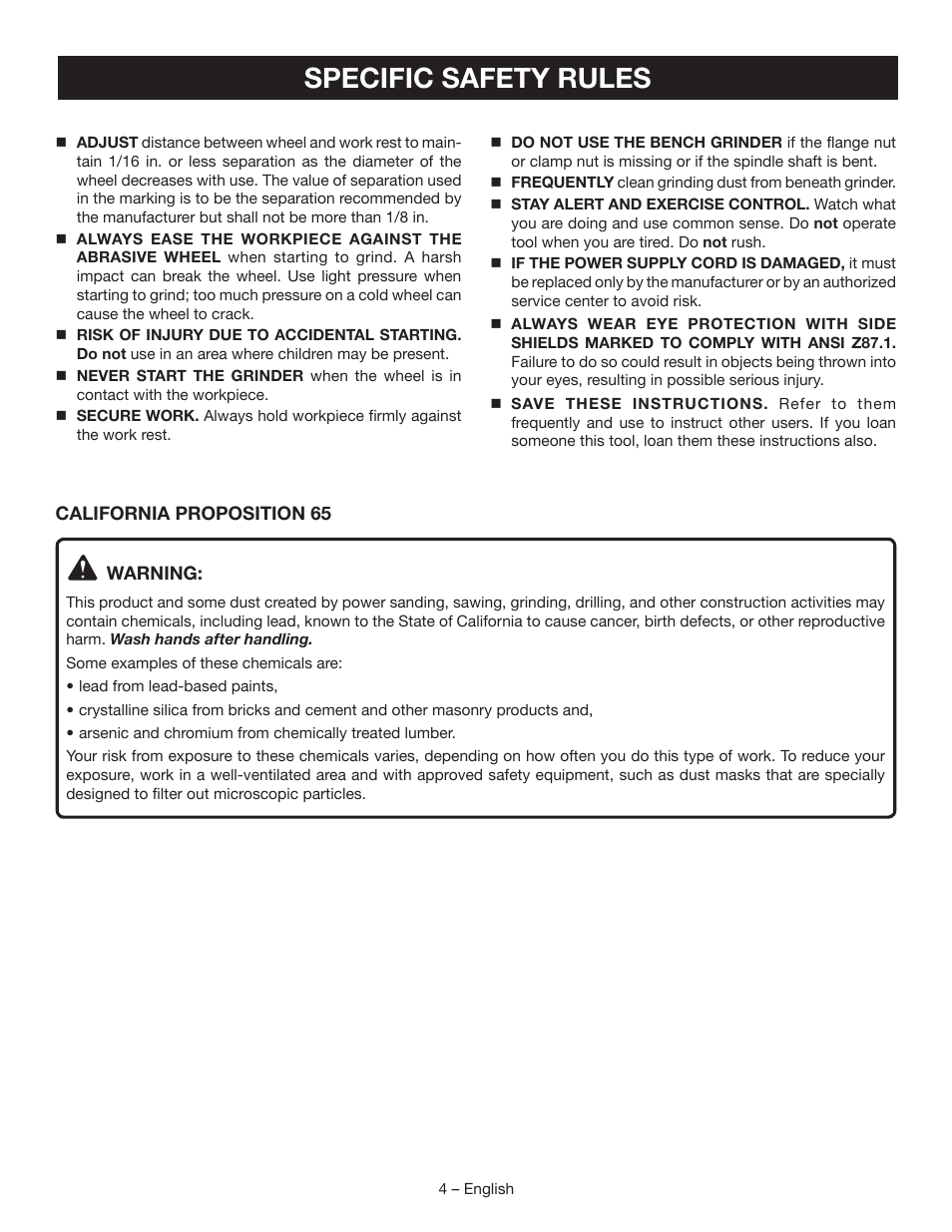 Specific safety rules | Ryobi BG828G User Manual | Page 4 / 36