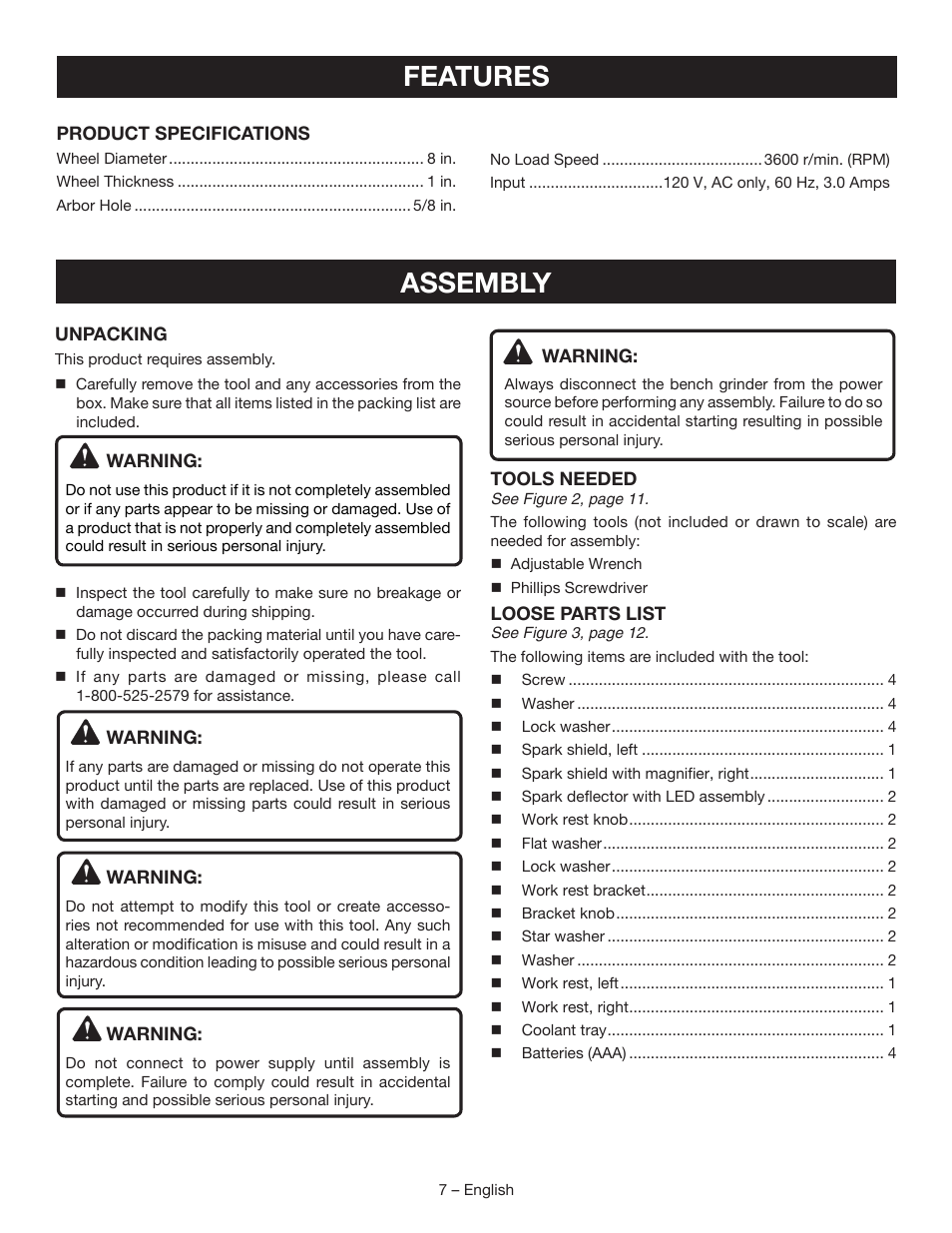 Features, Assembly | Ryobi BG828G User Manual | Page 7 / 36