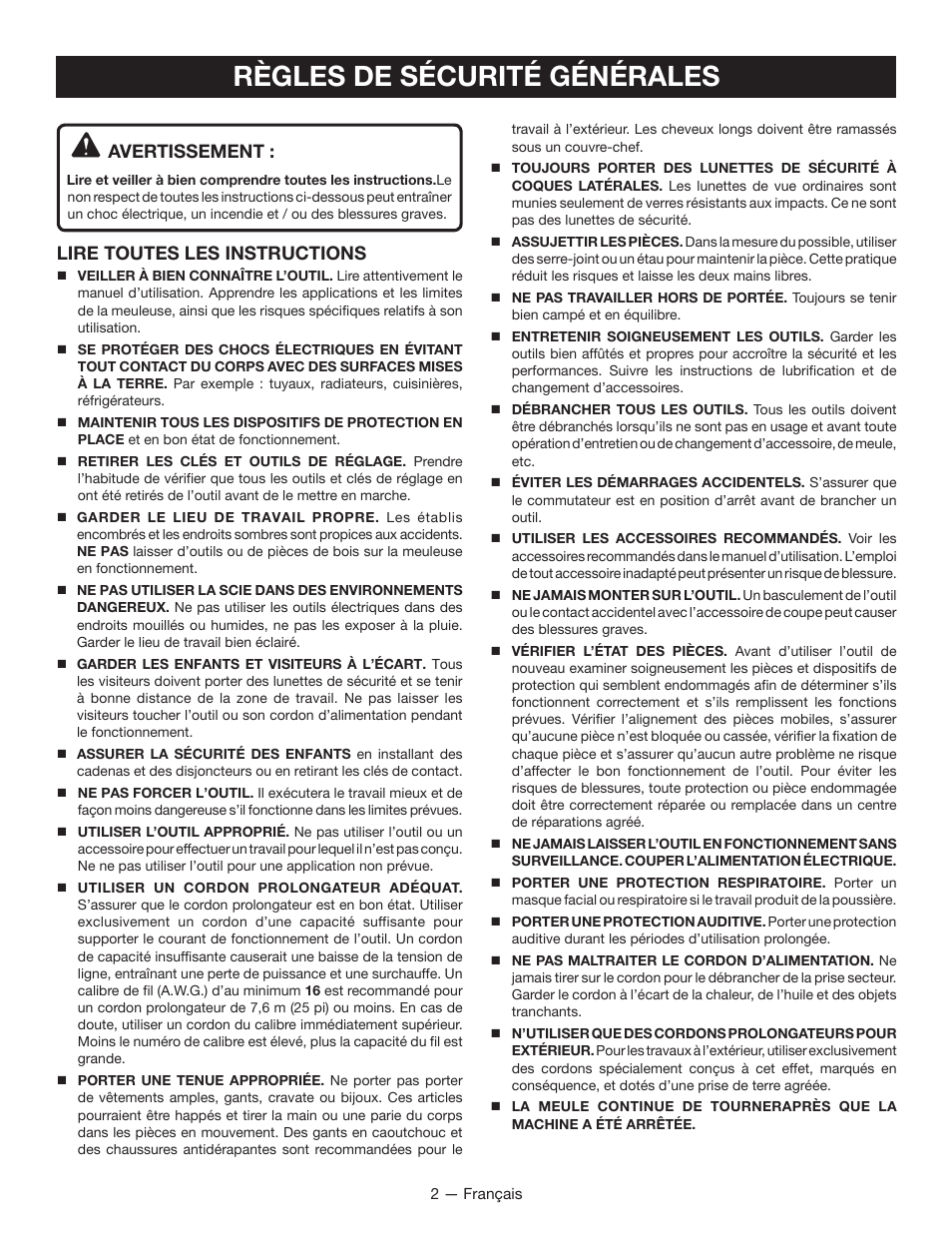 Règles de sécurité générales, Avertissement, Lire toutes les instructions | Ryobi BG612GSB User Manual | Page 11 / 36