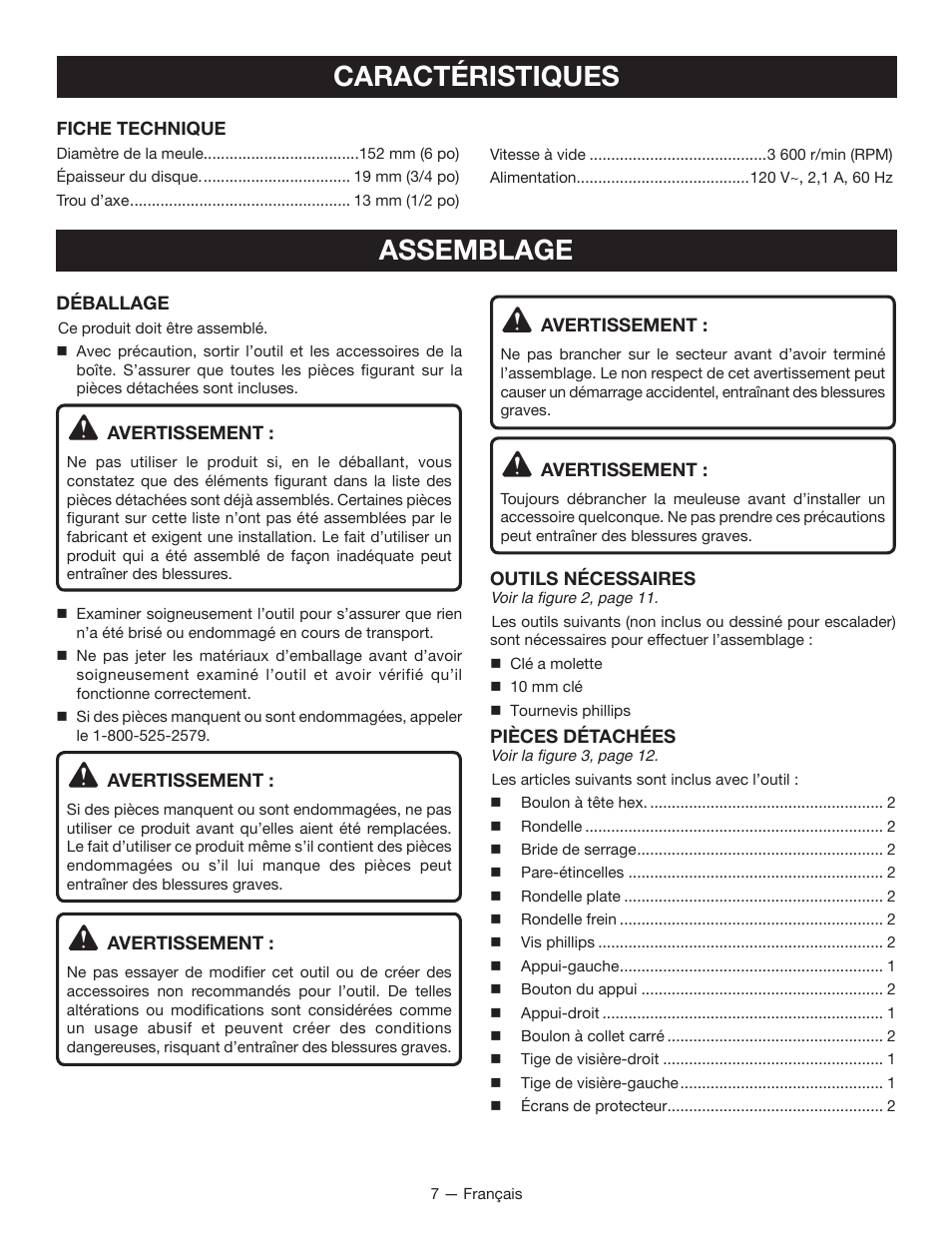 Caractéristiques, Assemblage | Ryobi BG612GSB User Manual | Page 16 / 36