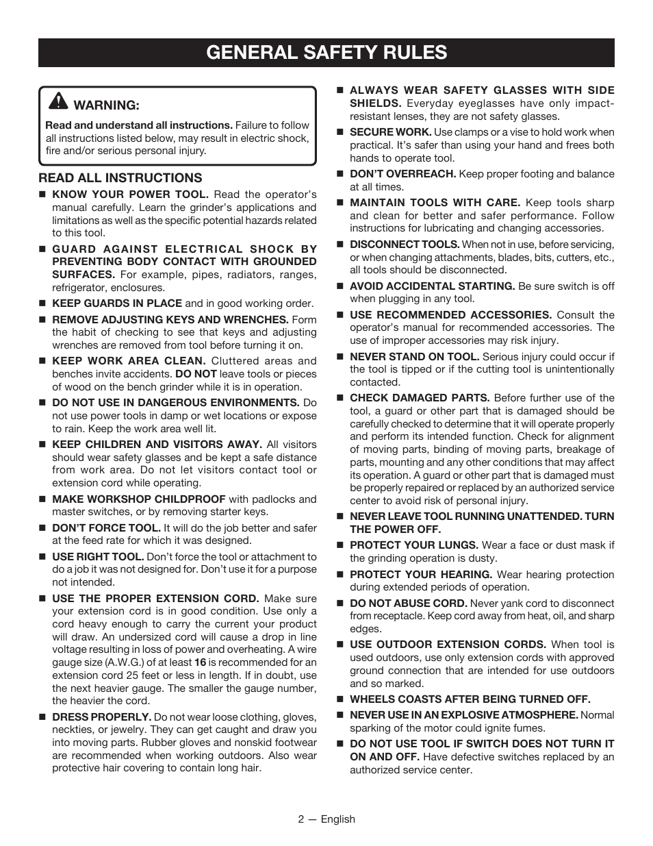 General safety rules | Ryobi BG612GSB User Manual | Page 2 / 36