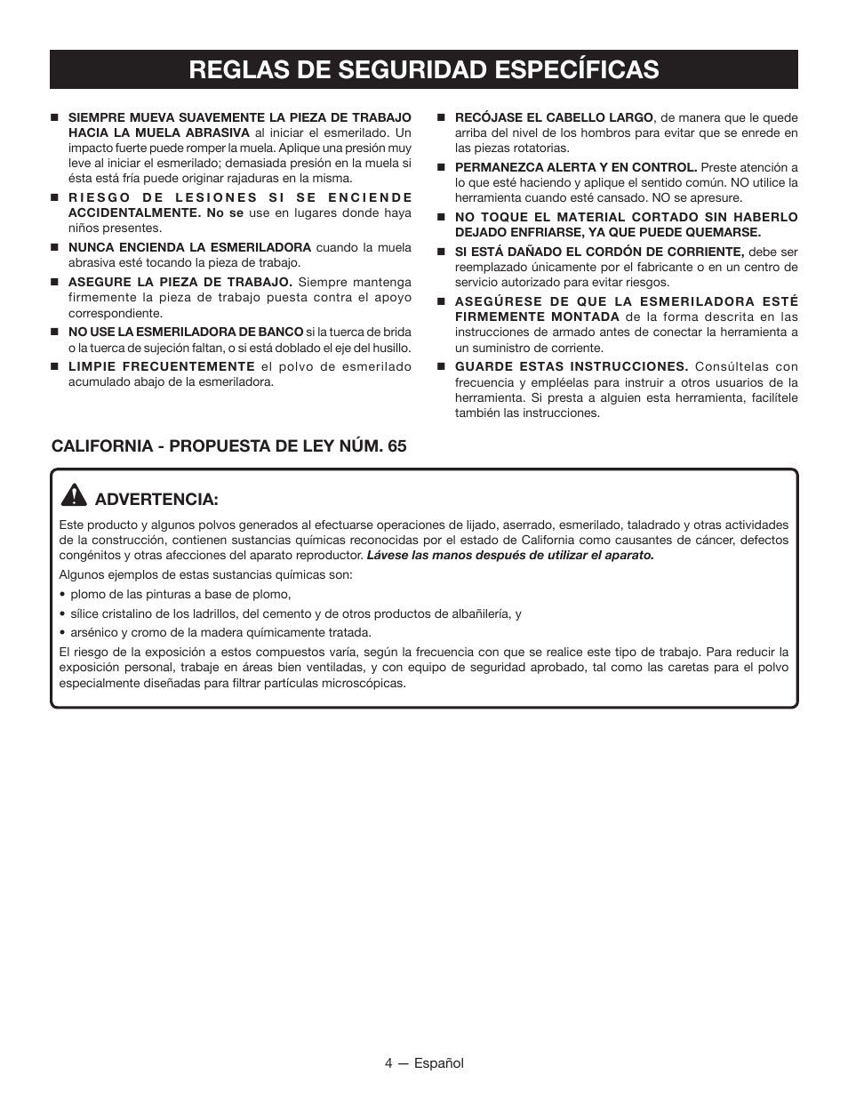 Reglas de seguridad específicas | Ryobi BG612GSB User Manual | Page 22 / 36
