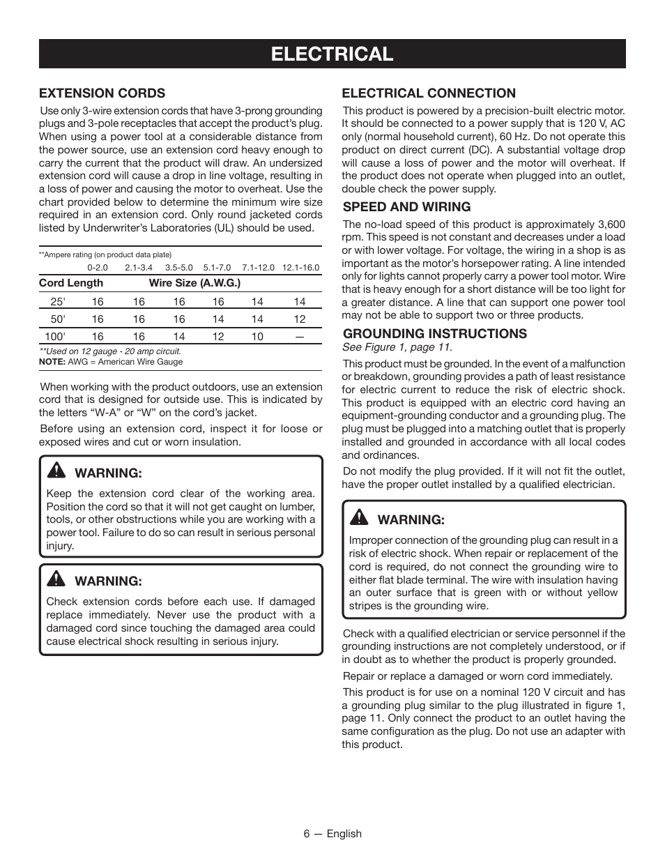 Electrical | Ryobi BG612GSB User Manual | Page 6 / 36