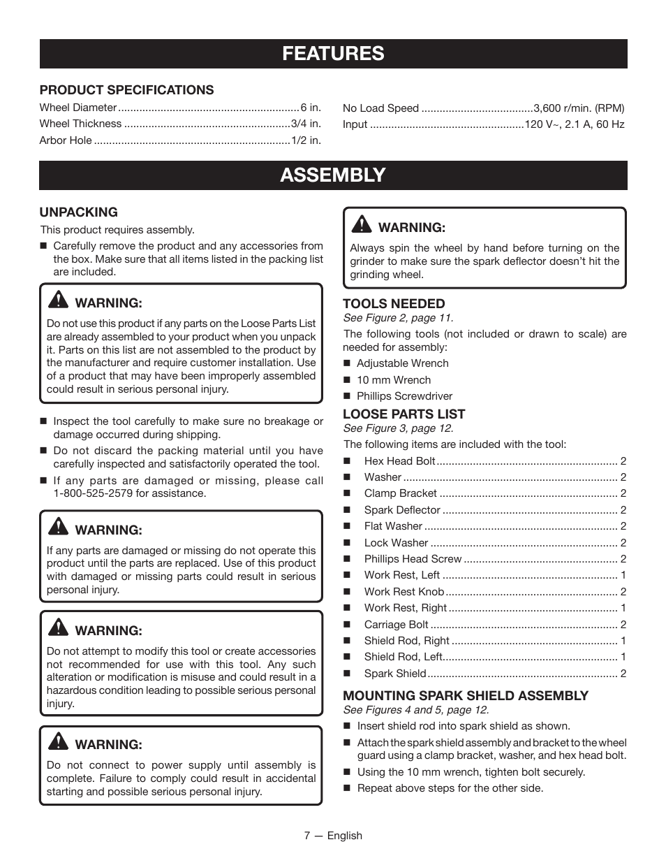 Features, Assembly | Ryobi BG612GSB User Manual | Page 7 / 36