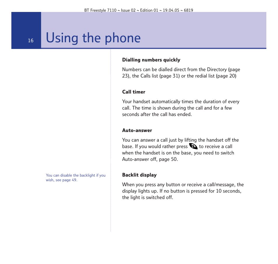 Using the phone | BT FREESTYLE 7110 User Manual | Page 16 / 74