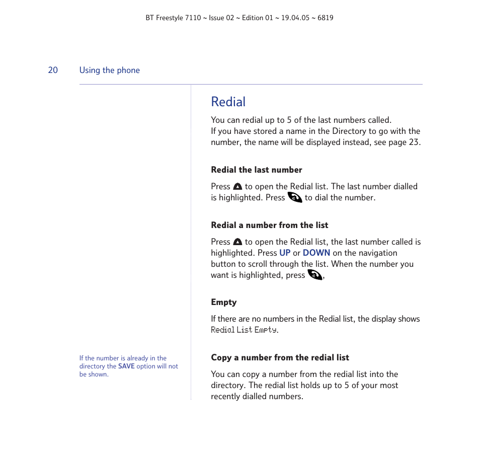Redial | BT FREESTYLE 7110 User Manual | Page 20 / 74