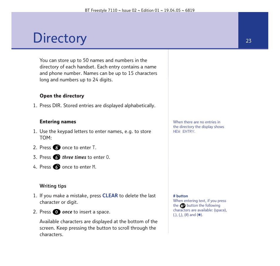 Directory | BT FREESTYLE 7110 User Manual | Page 23 / 74