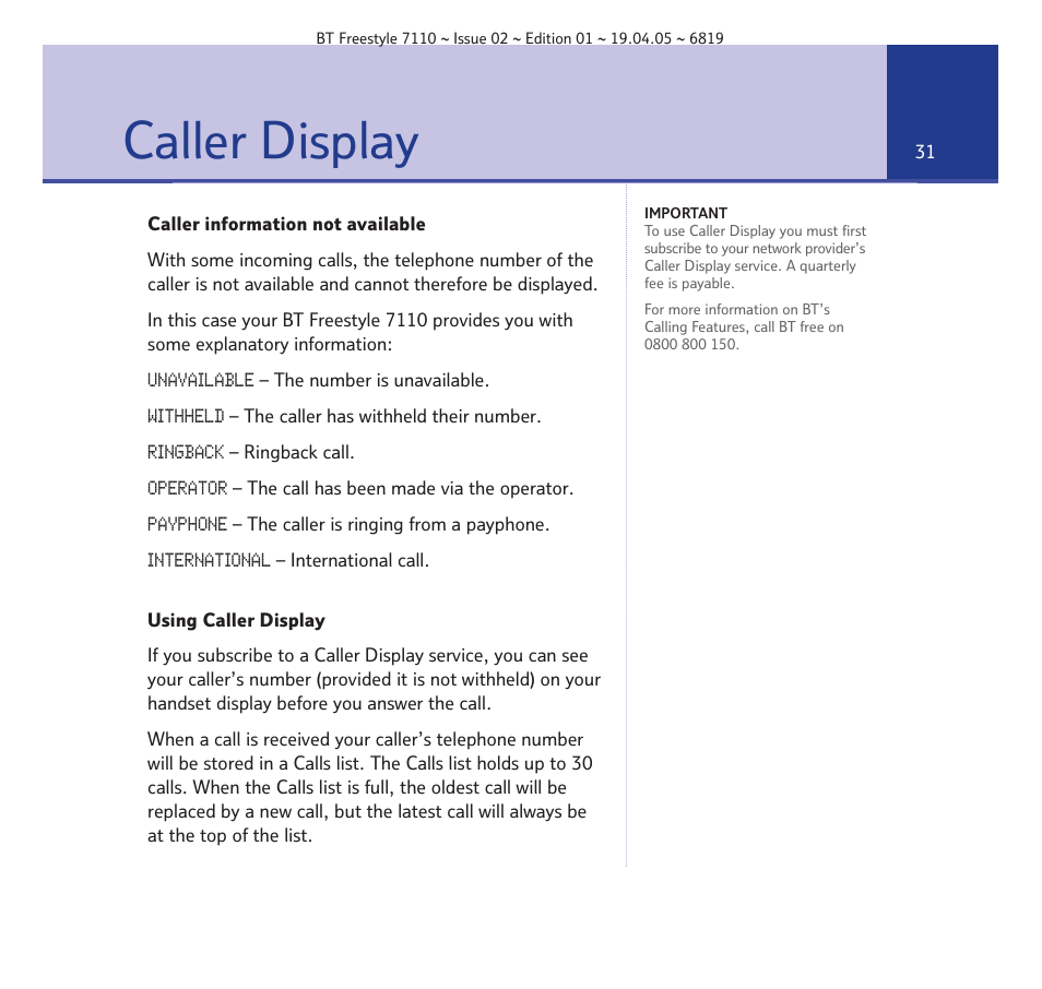 Caller display | BT FREESTYLE 7110 User Manual | Page 31 / 74