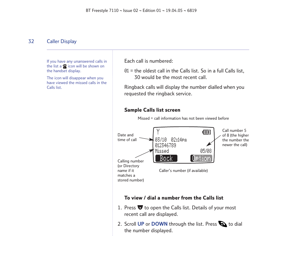 Back option | BT FREESTYLE 7110 User Manual | Page 32 / 74