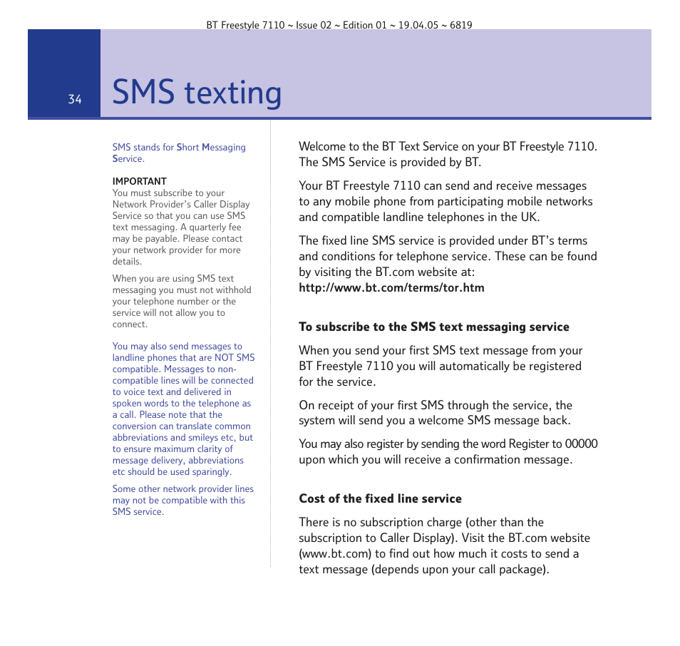 Sms texting | BT FREESTYLE 7110 User Manual | Page 34 / 74