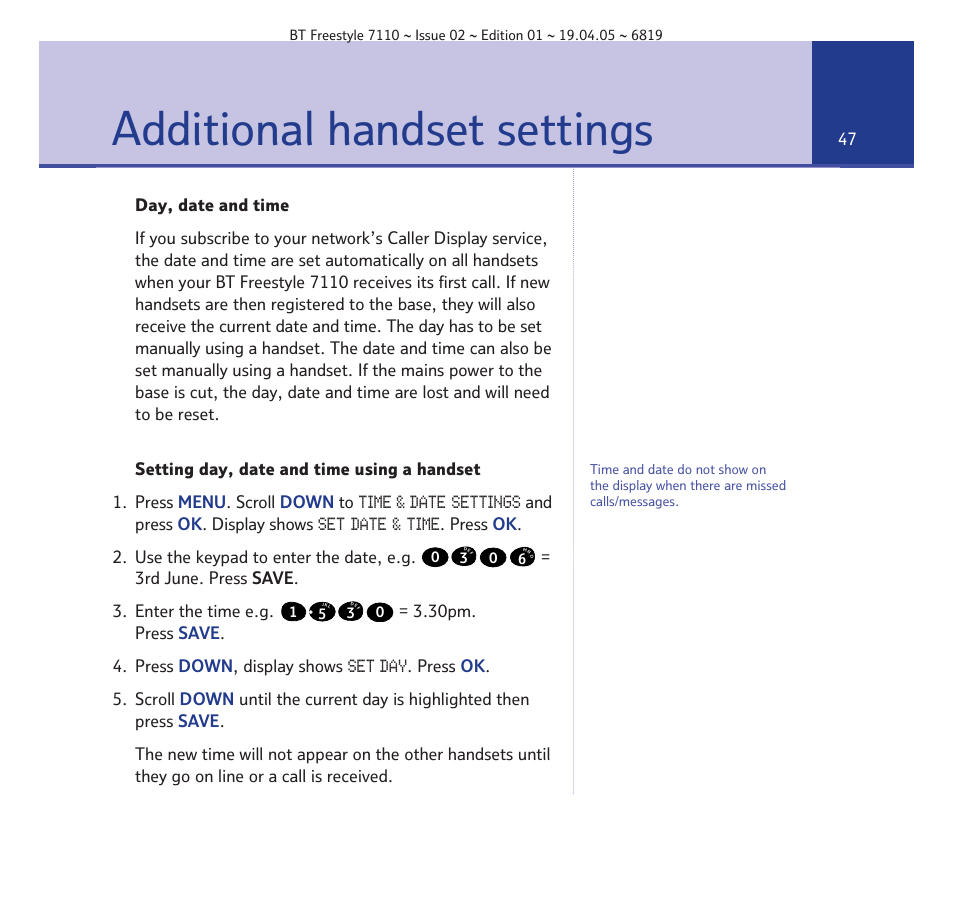 Additional handset settings | BT FREESTYLE 7110 User Manual | Page 47 / 74