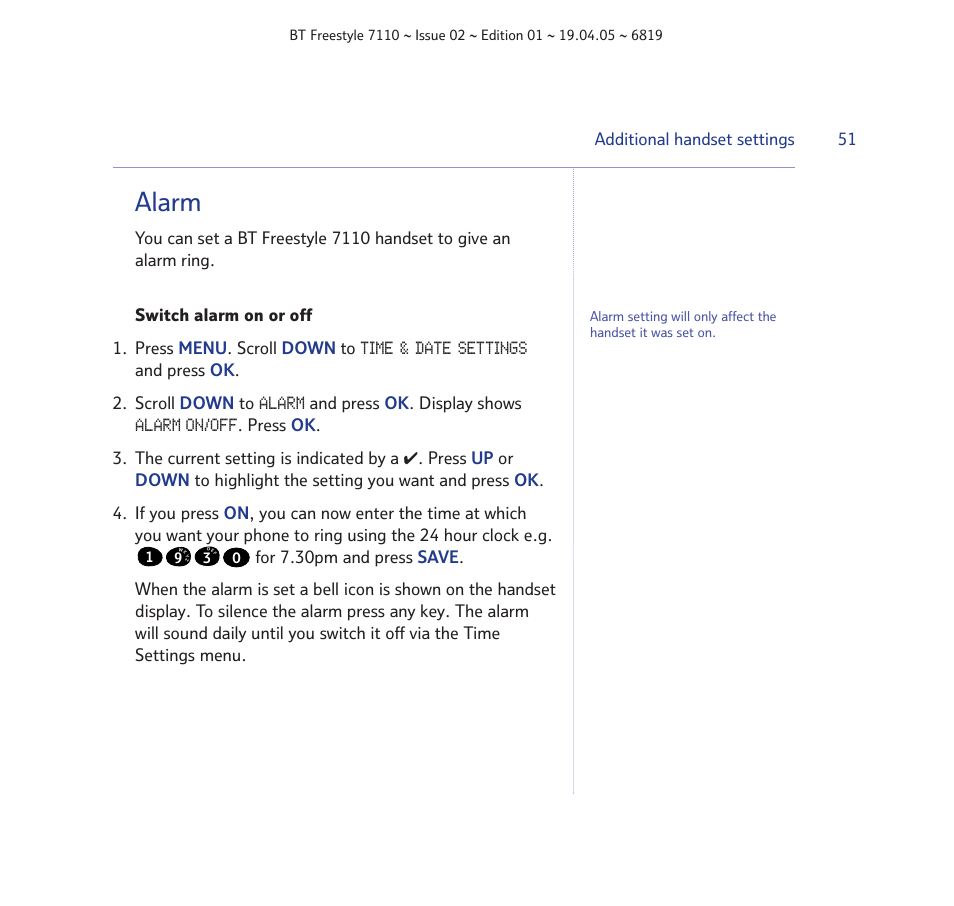 Alarm | BT FREESTYLE 7110 User Manual | Page 51 / 74