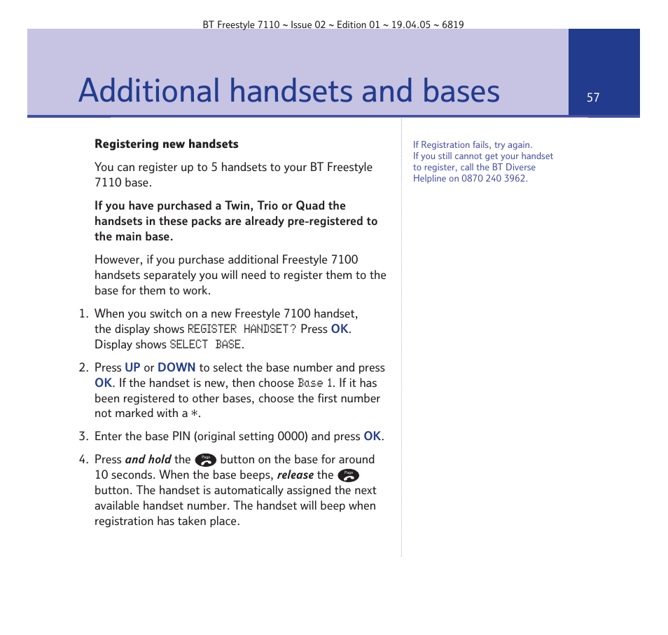 Additional handsets and bases | BT FREESTYLE 7110 User Manual | Page 57 / 74