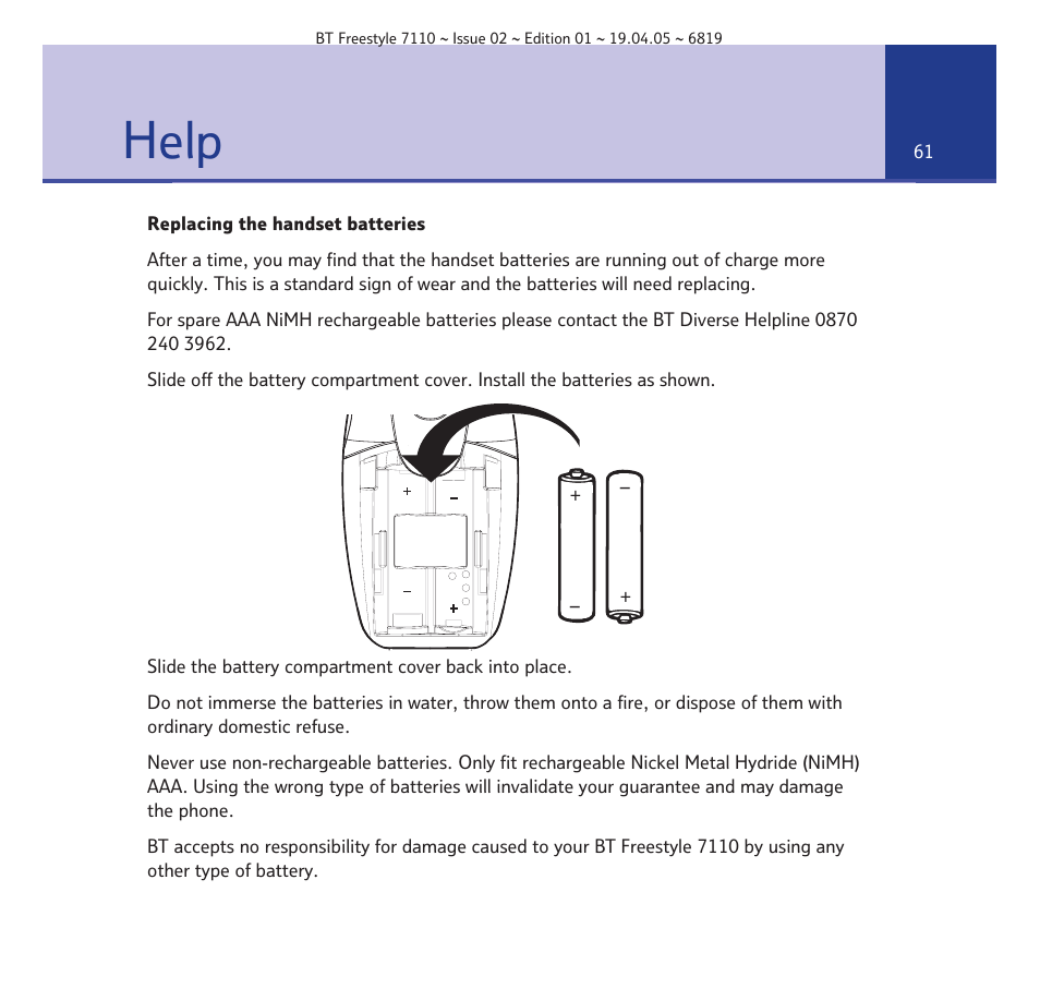 Help | BT FREESTYLE 7110 User Manual | Page 61 / 74