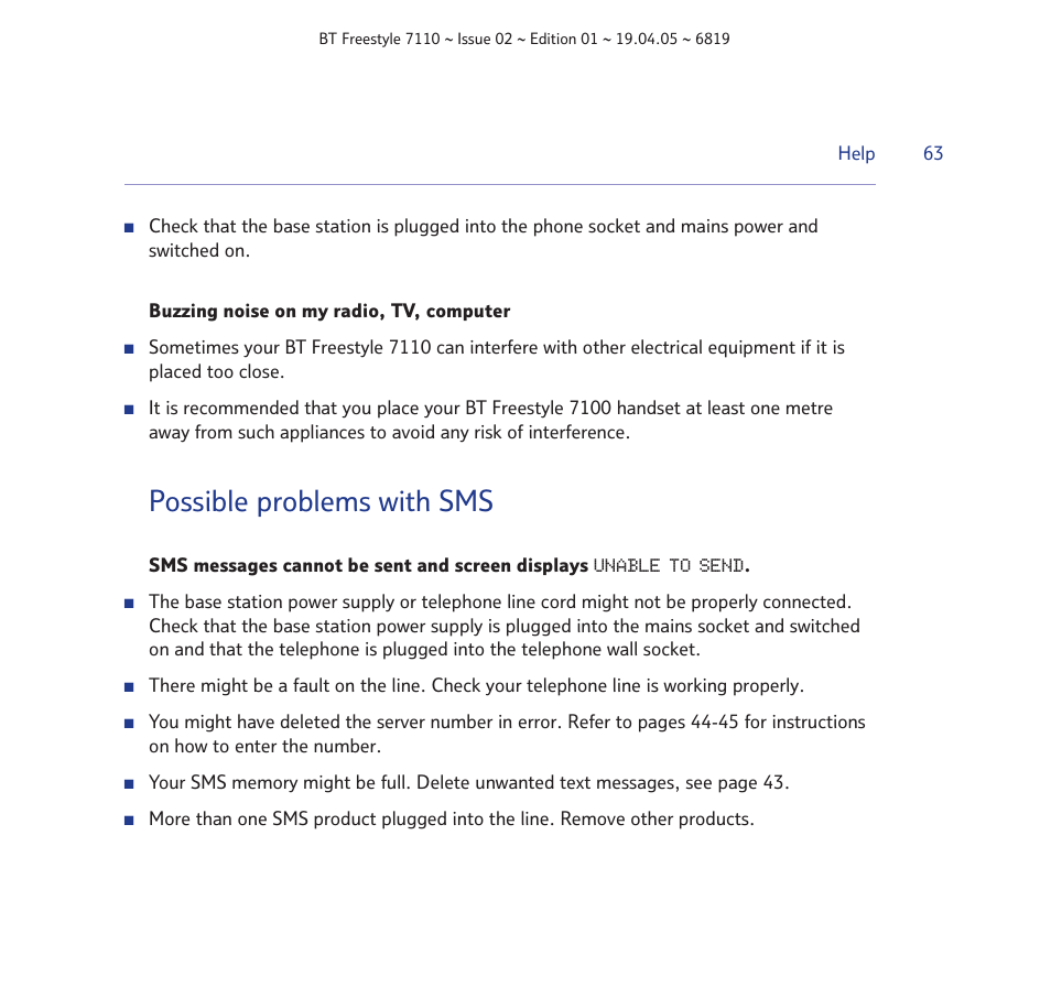 Possible problems with sms | BT FREESTYLE 7110 User Manual | Page 63 / 74