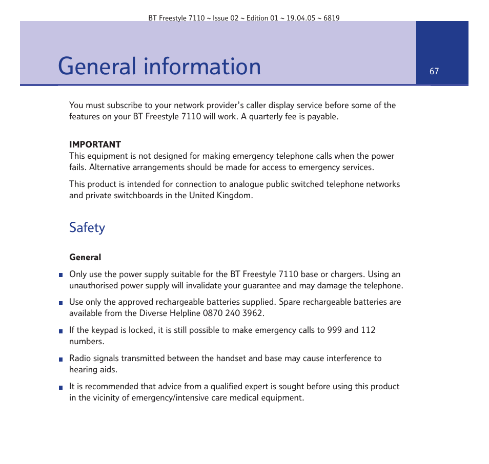 General information, Safety | BT FREESTYLE 7110 User Manual | Page 67 / 74