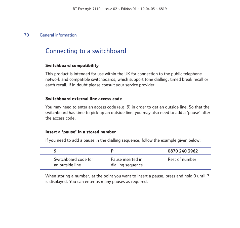 Connecting to a switchboard | BT FREESTYLE 7110 User Manual | Page 70 / 74