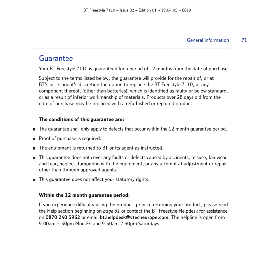 Guarantee | BT FREESTYLE 7110 User Manual | Page 71 / 74