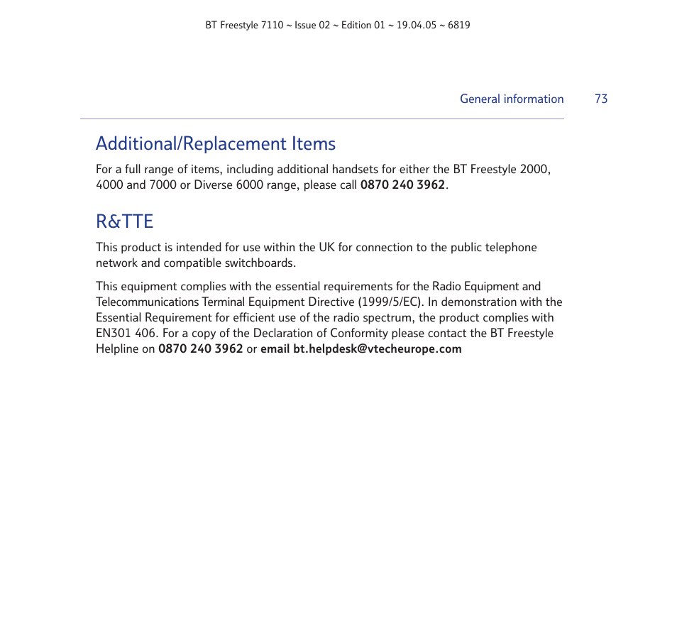 Additional/replacement items, R&tte | BT FREESTYLE 7110 User Manual | Page 73 / 74