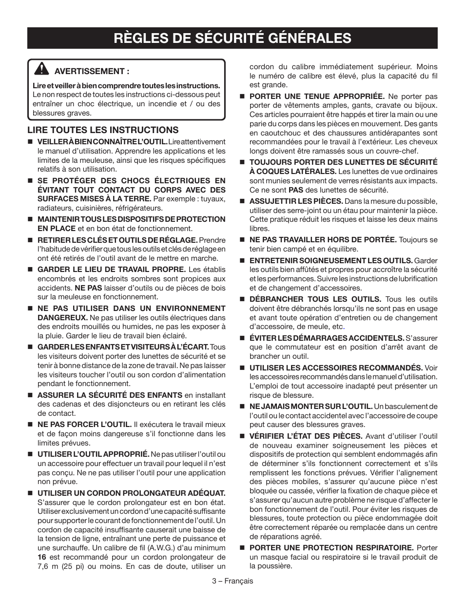 Règles de sécurité générales | Ryobi BGH827 User Manual | Page 13 / 36