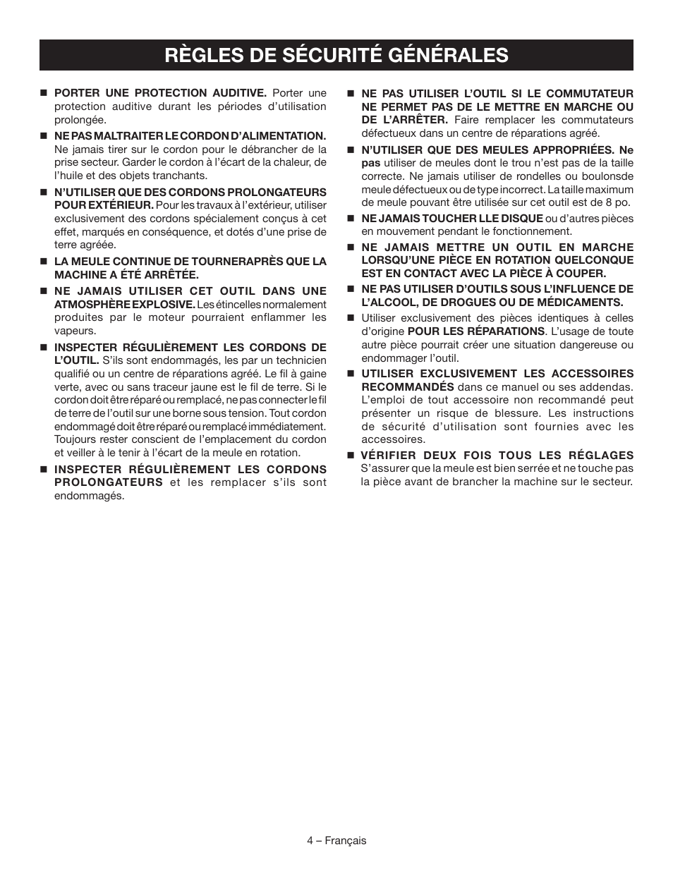 Règles de sécurité générales | Ryobi BGH827 User Manual | Page 14 / 36