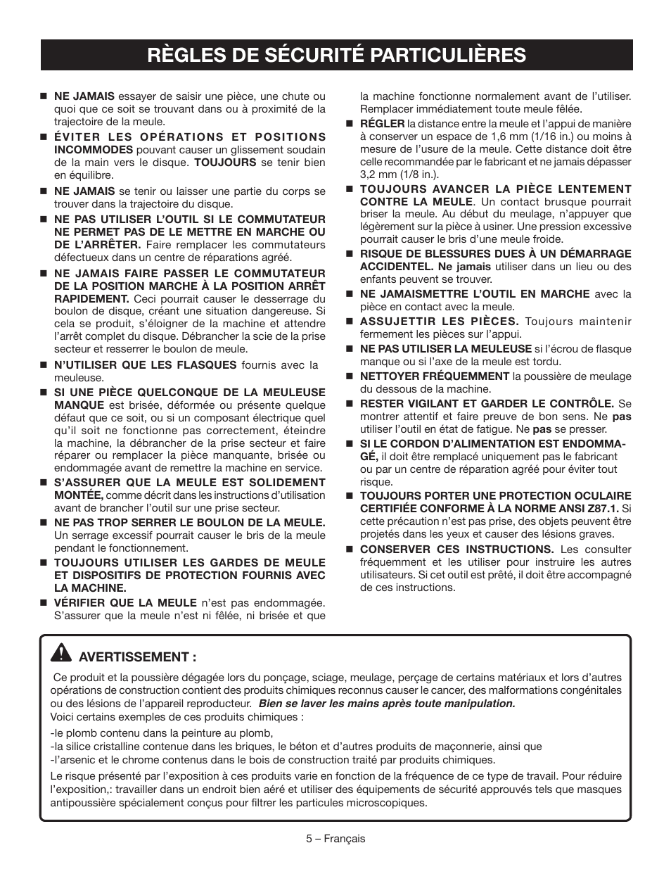 Règles de sécurité particulières | Ryobi BGH827 User Manual | Page 15 / 36