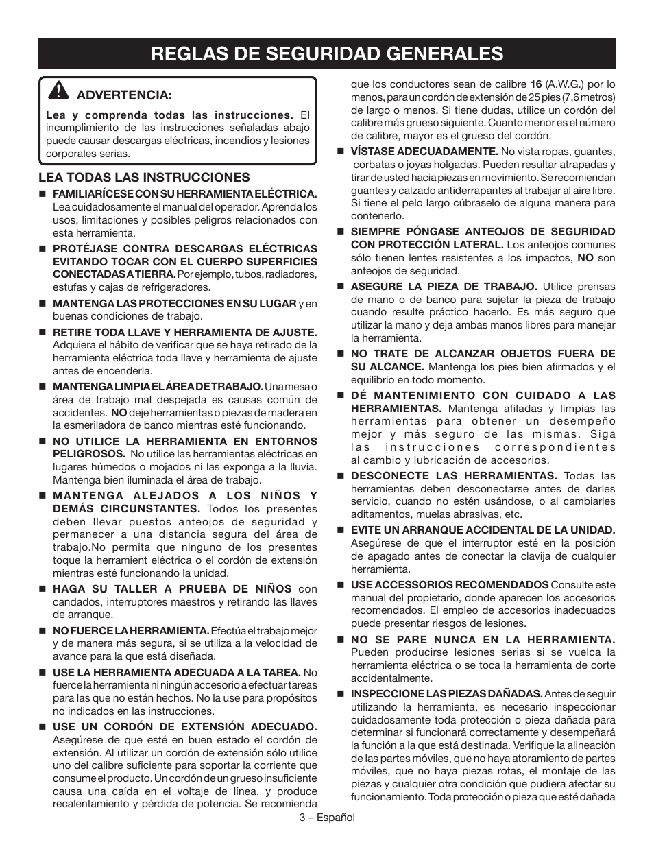 Reglas de seguridad generales | Ryobi BGH827 User Manual | Page 23 / 36