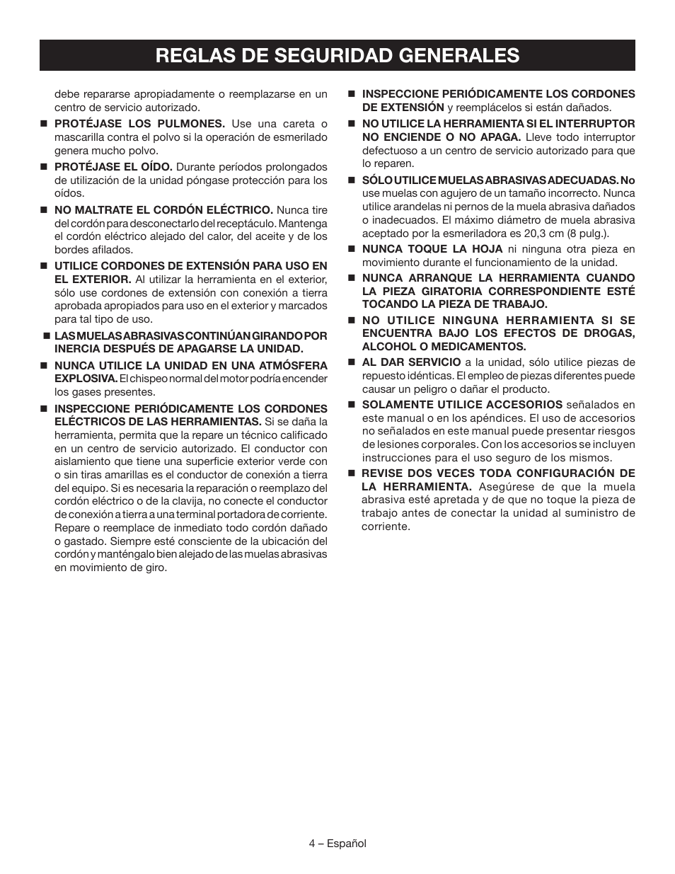 Reglas de seguridad generales | Ryobi BGH827 User Manual | Page 24 / 36