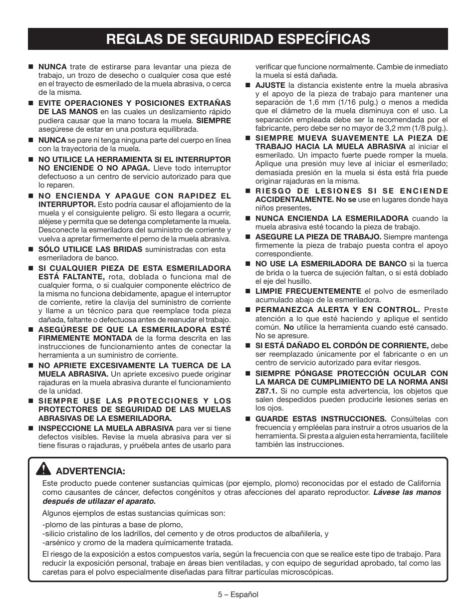 Reglas de seguridad específicas | Ryobi BGH827 User Manual | Page 25 / 36