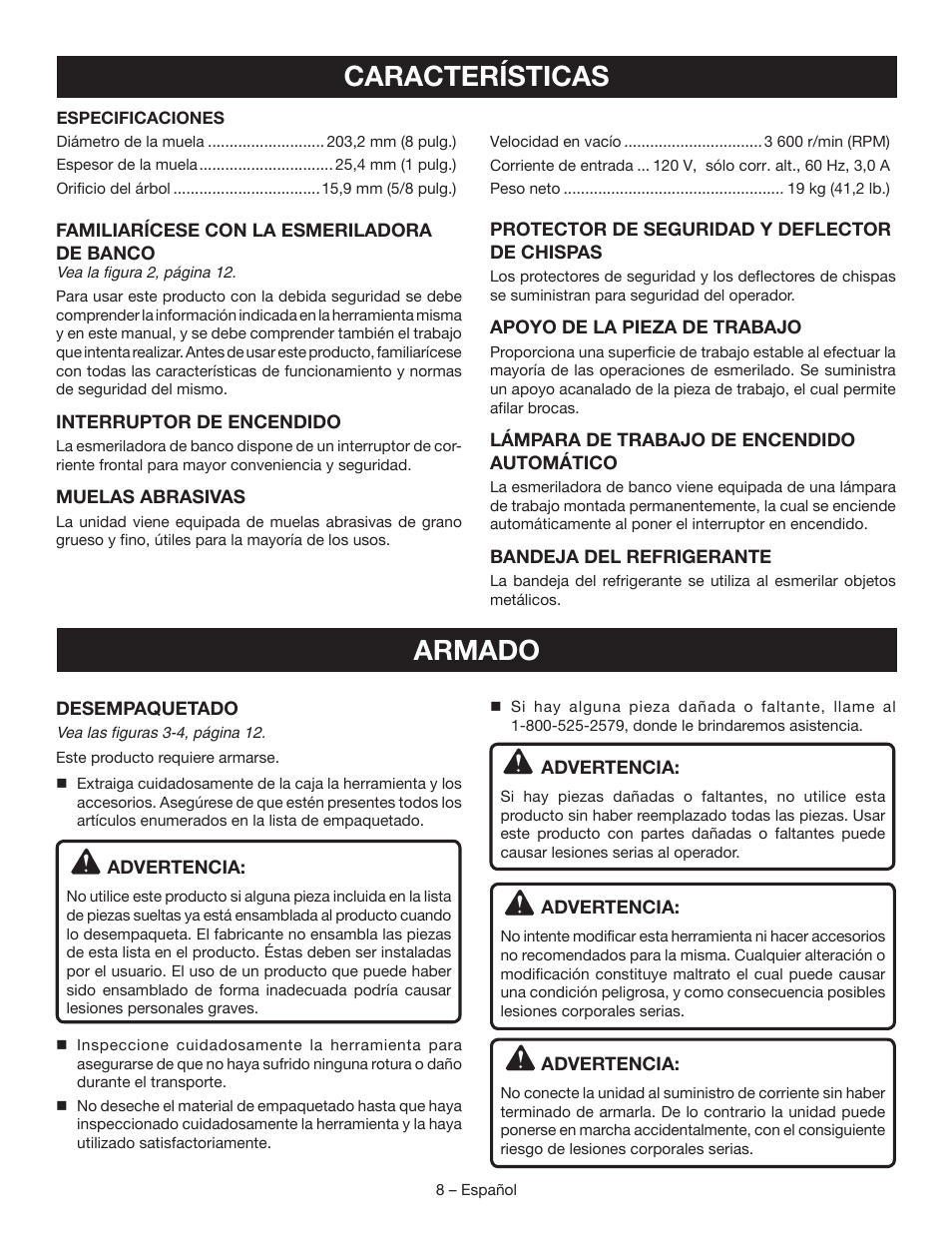 Características, Armado | Ryobi BGH827 User Manual | Page 28 / 36