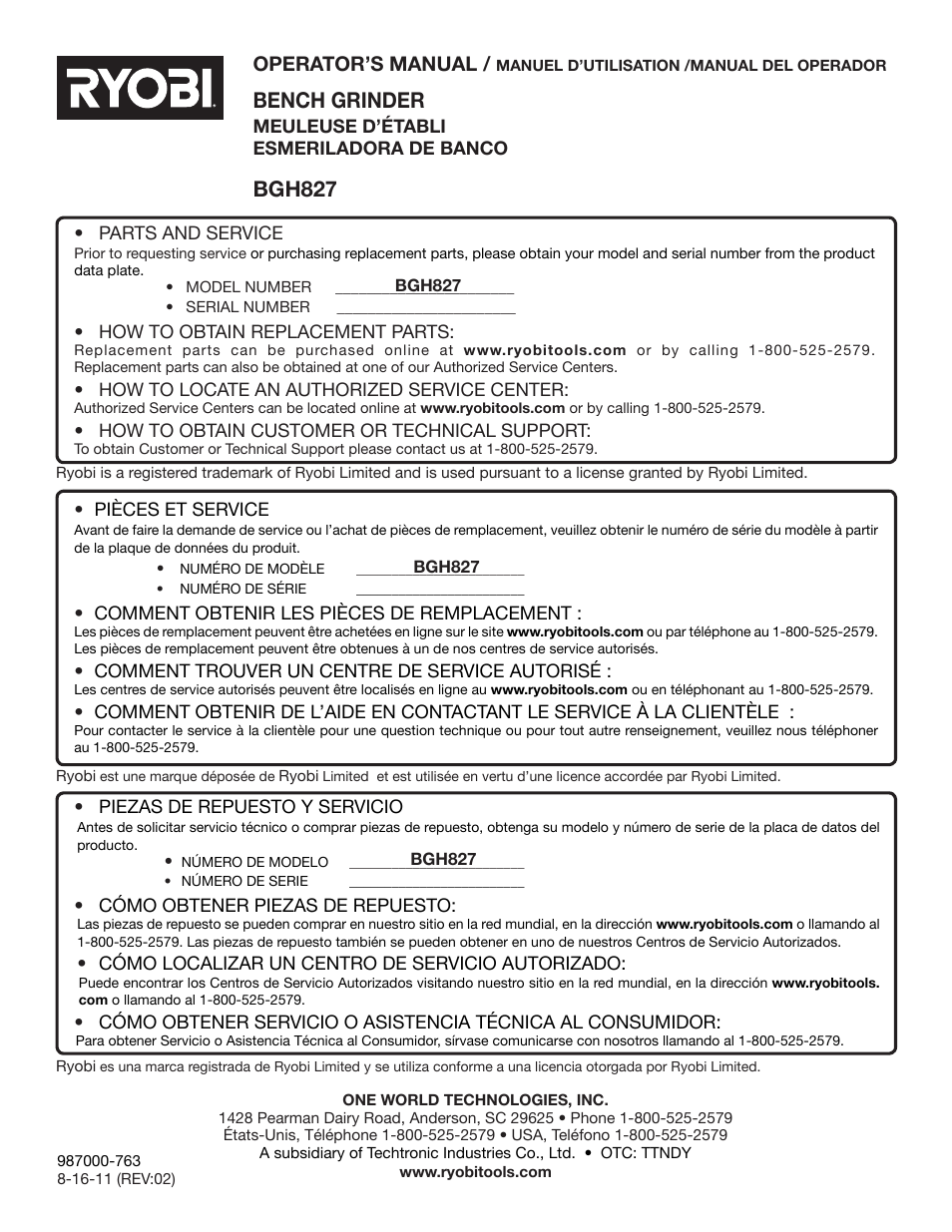 Bench grinder, Bgh827, Operator’s manual | Ryobi BGH827 User Manual | Page 36 / 36