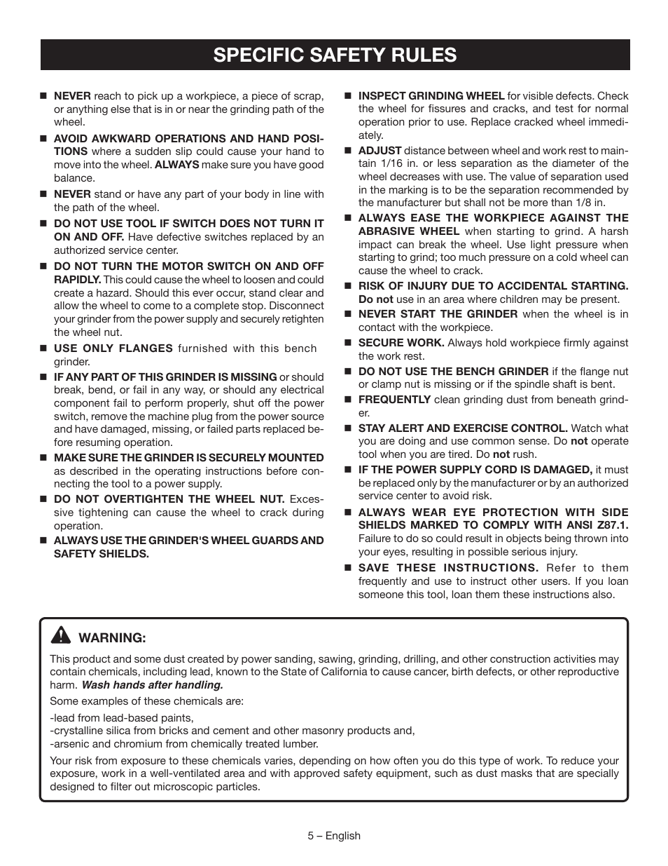 Specific safety rules | Ryobi BGH827 User Manual | Page 5 / 36