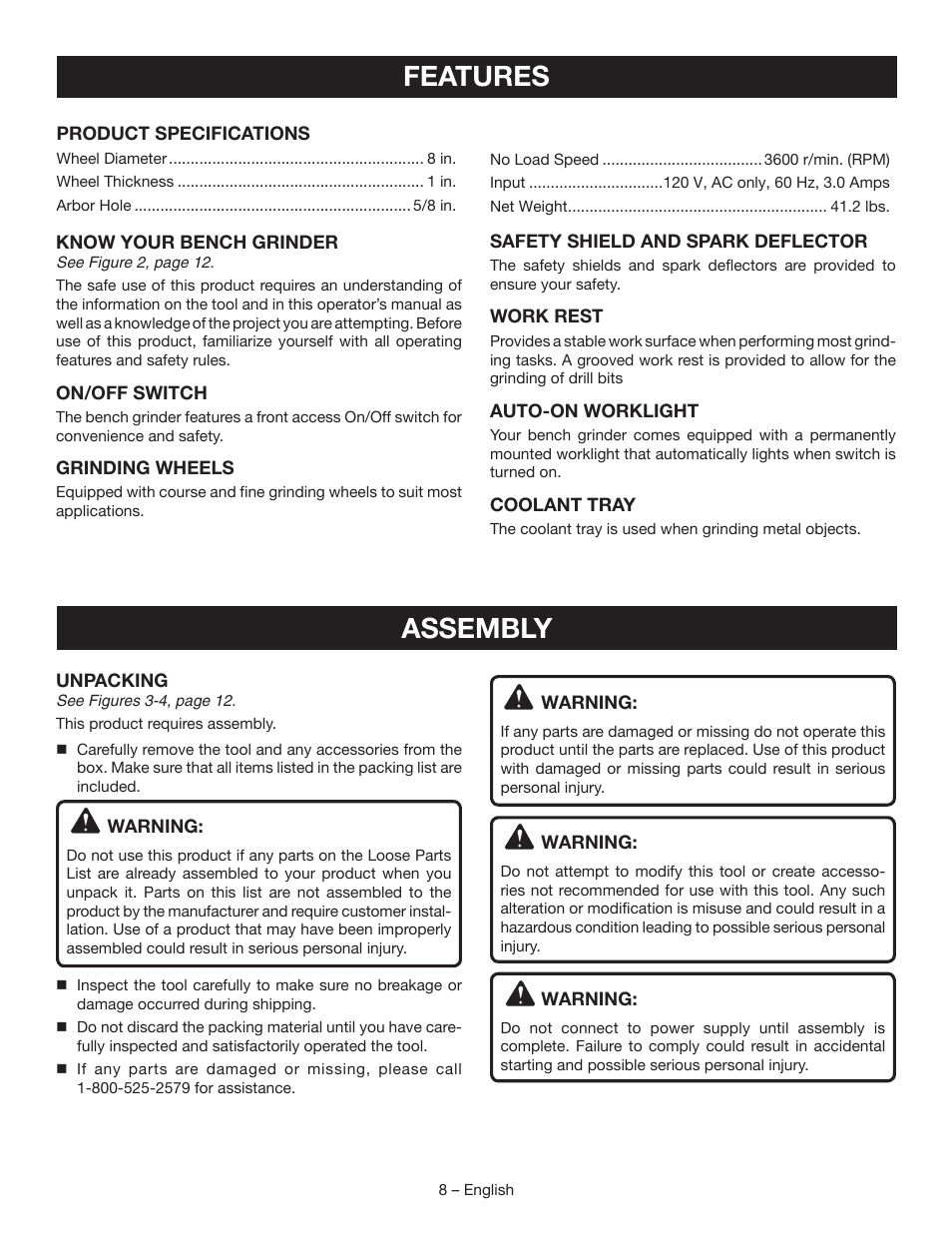 Features, Assembly | Ryobi BGH827 User Manual | Page 8 / 36