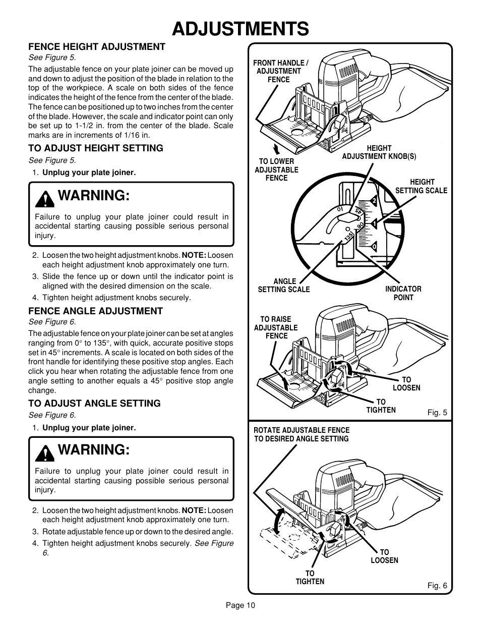 Adjustments, Warning | Ryobi JM80 User Manual | Page 10 / 22