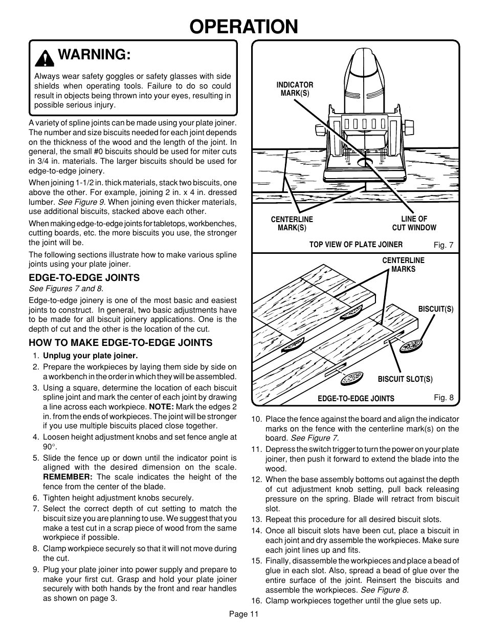 Operation, Warning | Ryobi JM80 User Manual | Page 11 / 22
