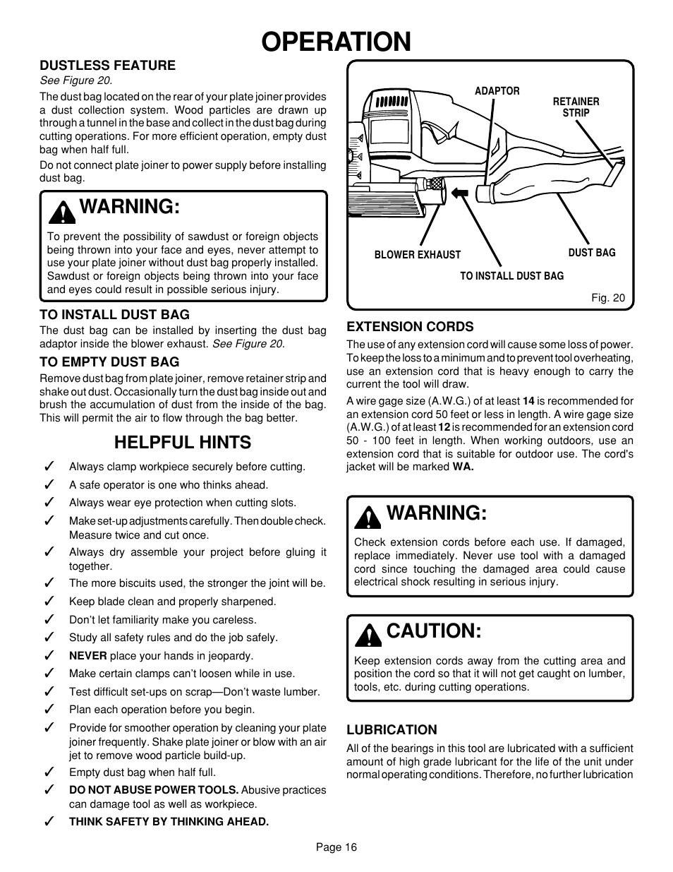 Operation, Warning, Caution | Helpful hints | Ryobi JM80 User Manual | Page 16 / 22