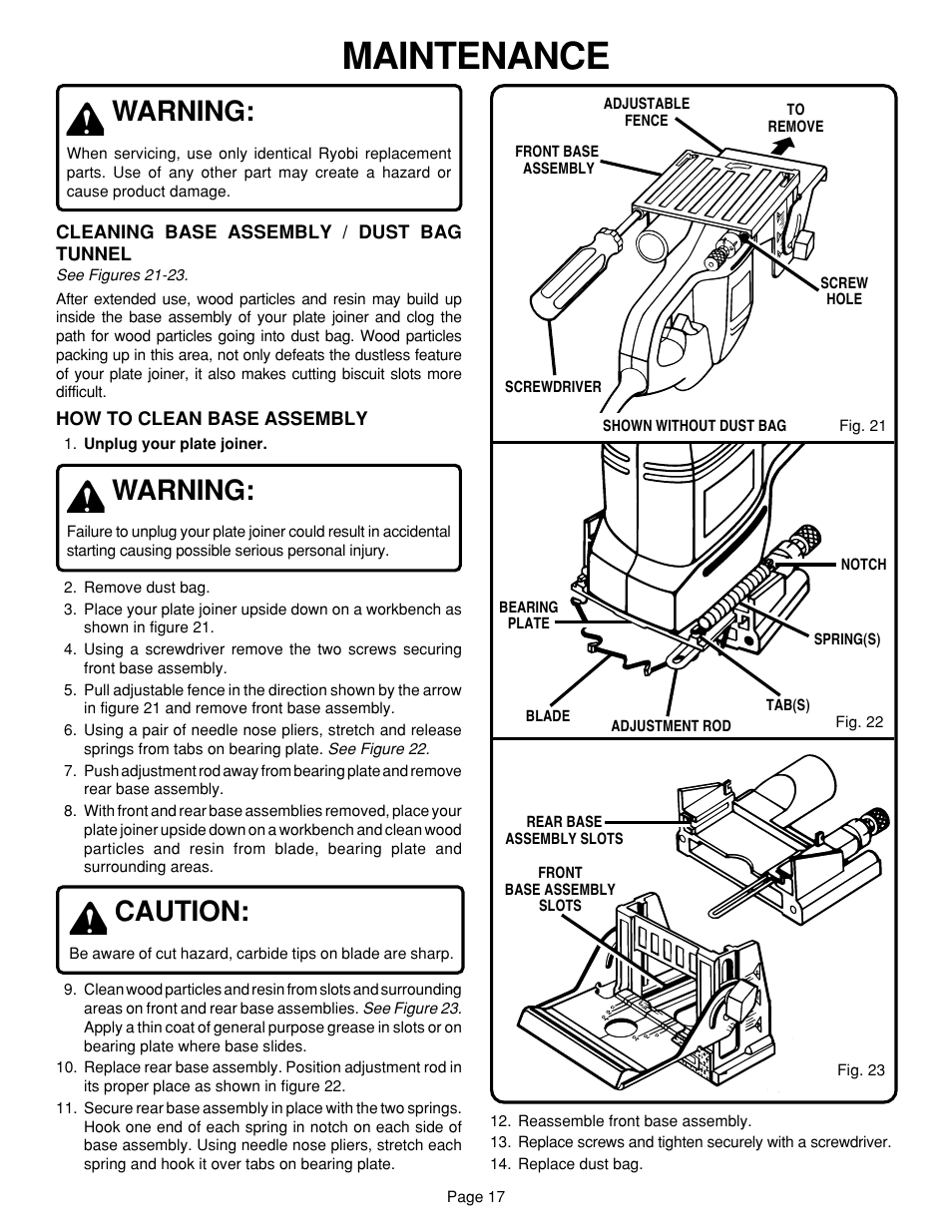 Maintenance, Warning, Caution | Ryobi JM80 User Manual | Page 17 / 22