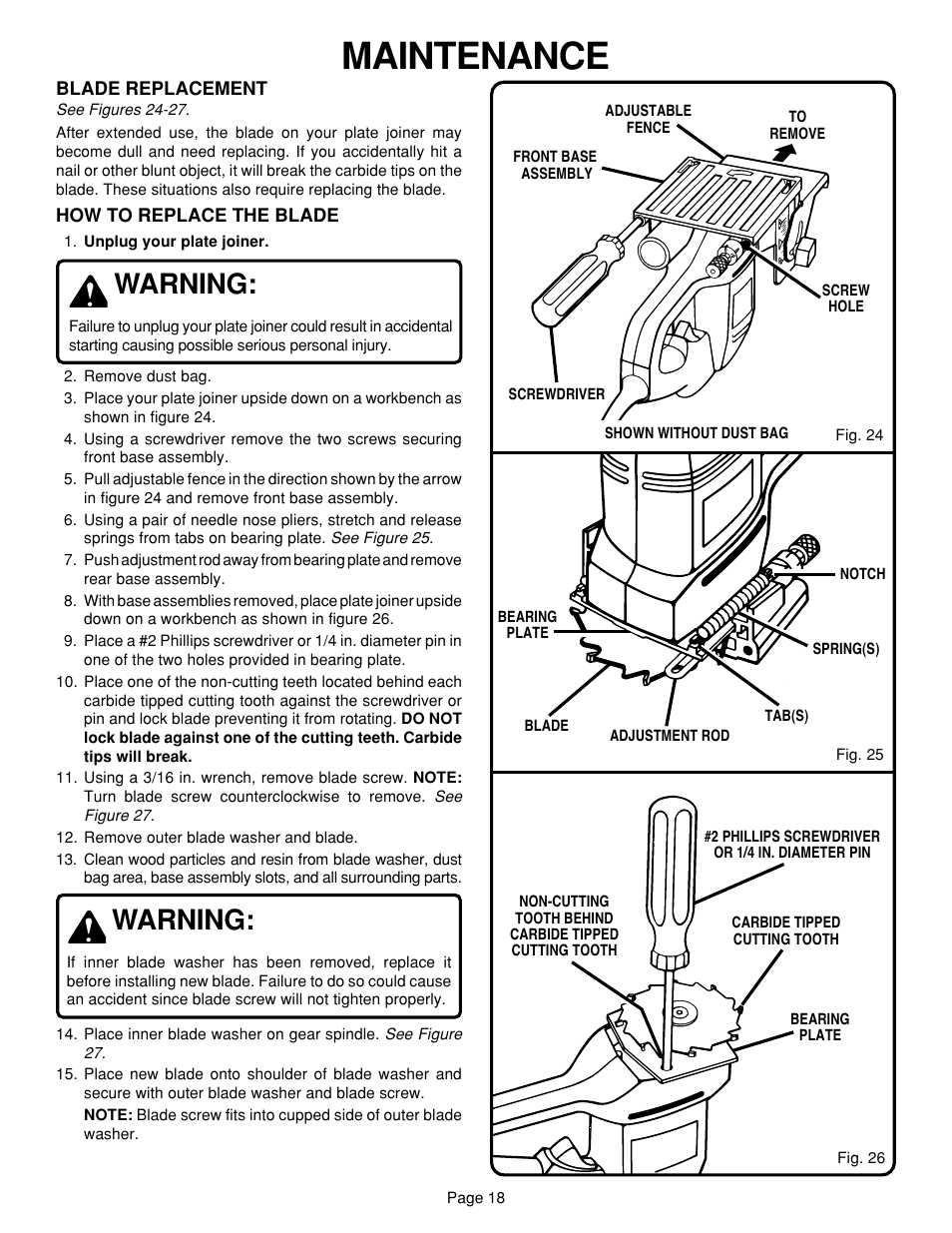 Maintenance, Warning | Ryobi JM80 User Manual | Page 18 / 22