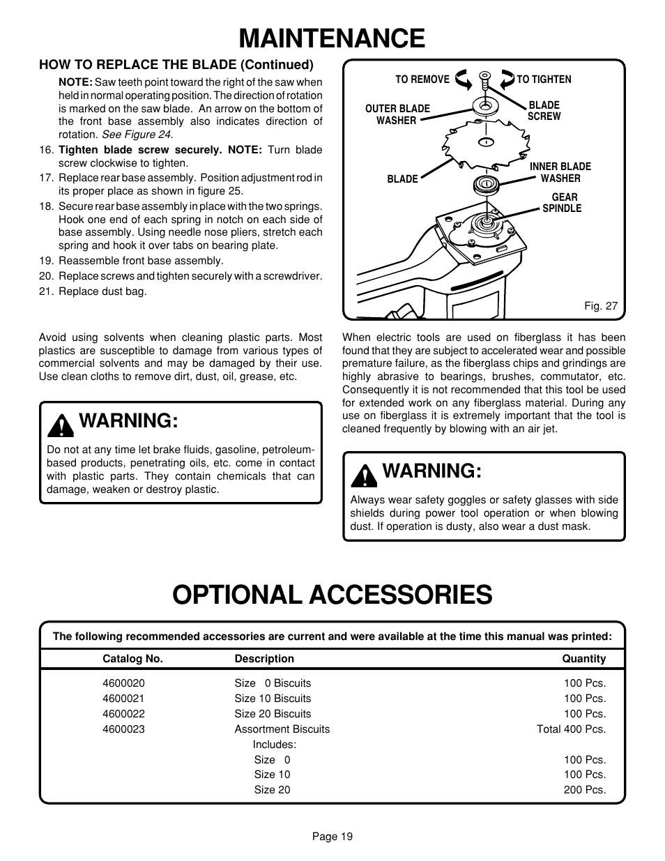 Maintenance, Optional accessories, Warning | Ryobi JM80 User Manual | Page 19 / 22