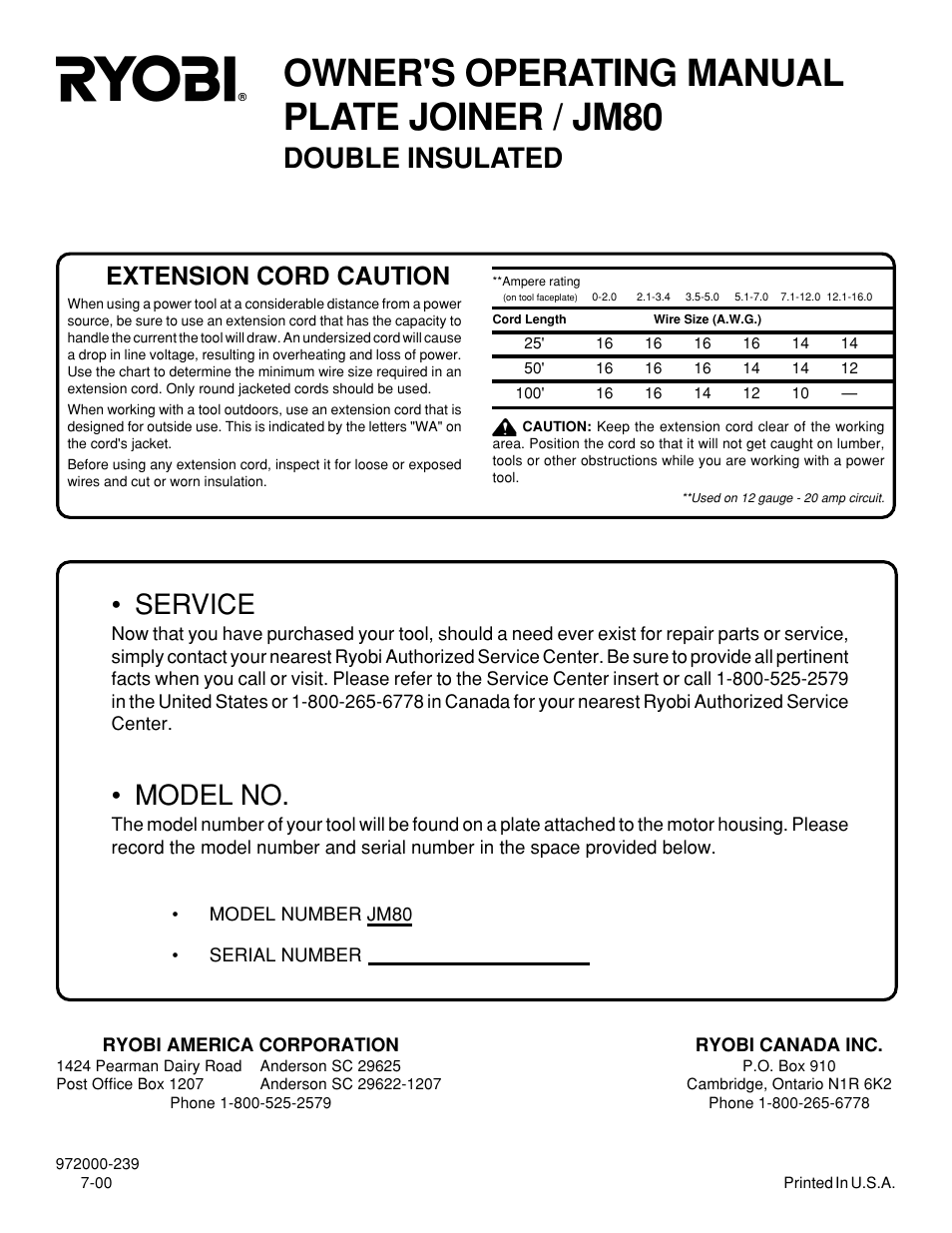 Owner's operating manual plate joiner / jm80, Double insulated, Service | Model no, Extension cord caution | Ryobi JM80 User Manual | Page 22 / 22