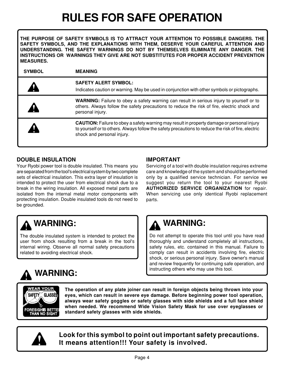 Rules for safe operation, Warning | Ryobi JM80 User Manual | Page 4 / 22