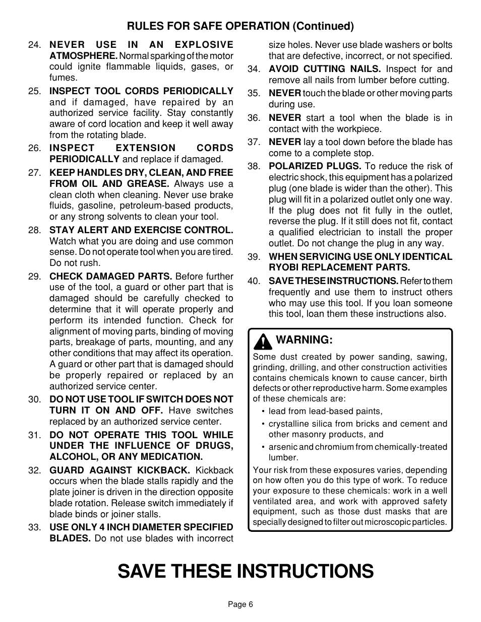 Save these instructions | Ryobi JM80 User Manual | Page 6 / 22