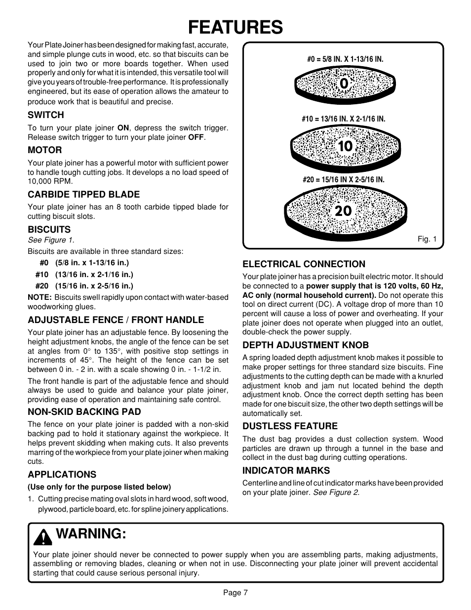 Features, Warning | Ryobi JM80 User Manual | Page 7 / 22